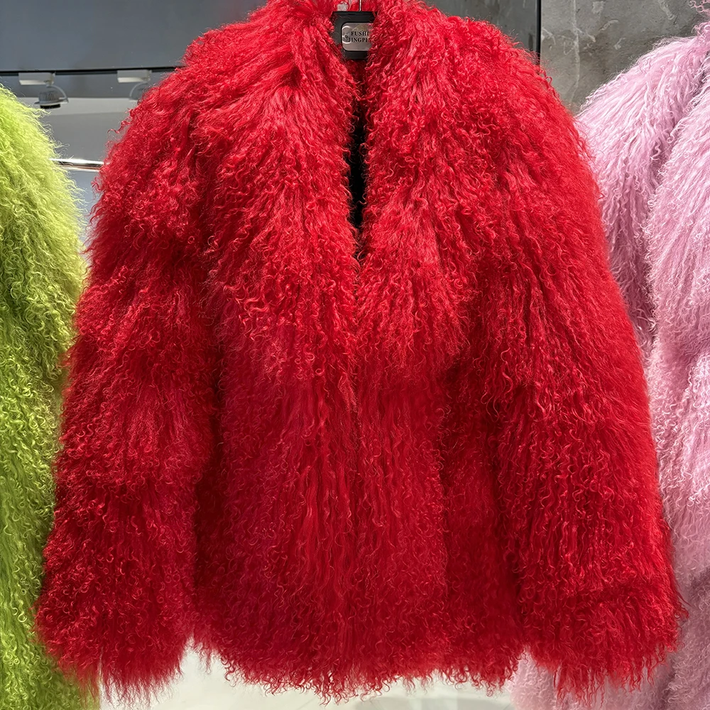 YOLOAgain Women's Real Mongolia Sheep Fur Jacket Dark Brown Sheep Fur Jacket