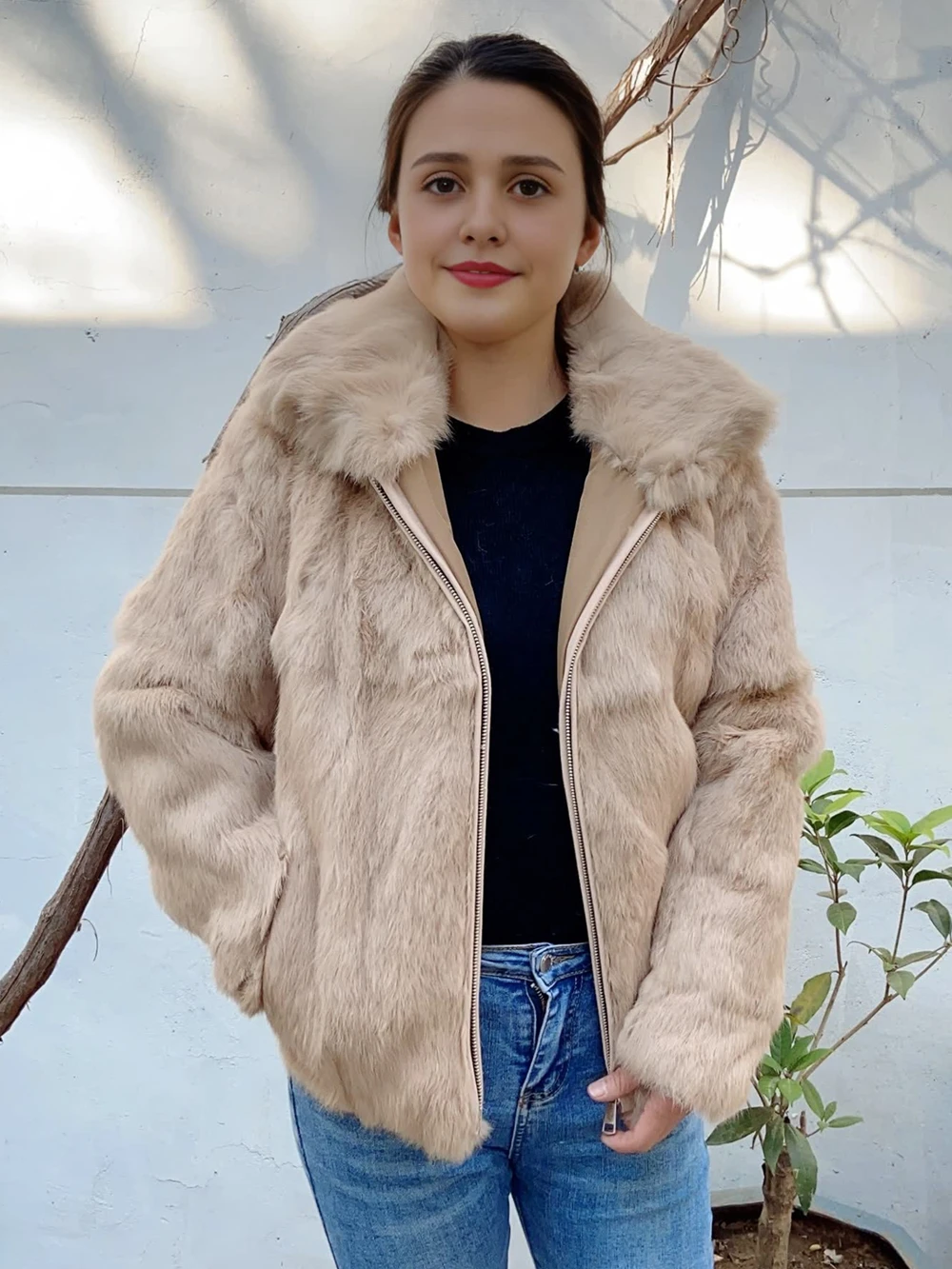 Fancy Rani Natural Rabbit Fur Coat Winter Women's Cold Jacket Especially Promotion 2023 Female Luxury Overcoat For Ladies