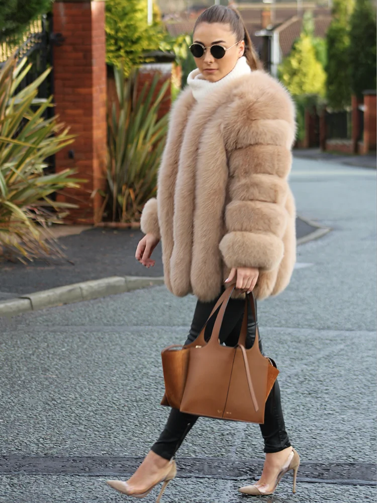 Women's Real Fox Fur Coat Winter Warm Luxury Jacket Natural Fur Thick Cozy Extra Long Heavy Windproof Outerwear for Ladies WG-70