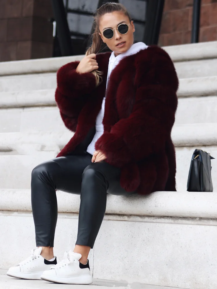 Women's Real Fox Fur Coat Winter Warm Luxury Jacket Natural Fur Thick Cozy Extra Long Heavy Windproof Outerwear for Ladies WG-70