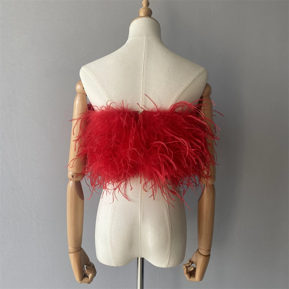 Jxwatcher Natural Ostrich Feather Top Bra Women's Summer Feather Tube Lady Wedding Long Hair Fluffy Underwear Evening Party Wear