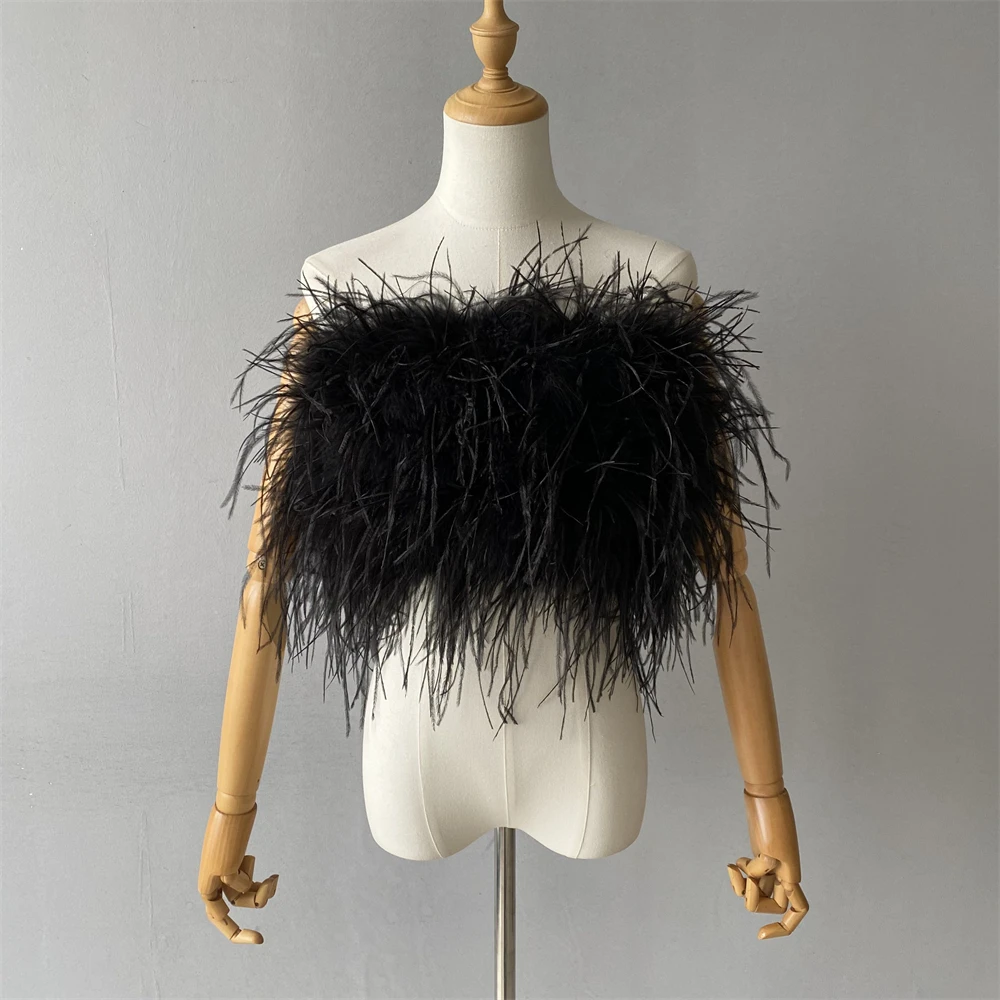 Jxwatcher Natural Ostrich Feather Top Bra Women's Summer Feather Tube Lady Wedding Long Hair Fluffy Underwear Evening Party Wear