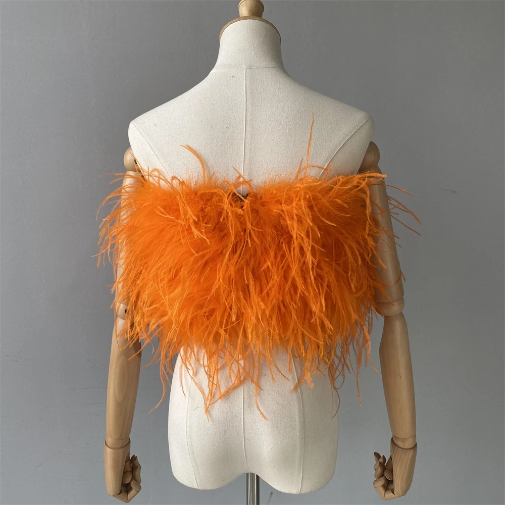 Jxwatcher Natural Ostrich Feather Top Bra Women's Summer Feather Tube Lady Wedding Long Hair Fluffy Underwear Evening Party Wear