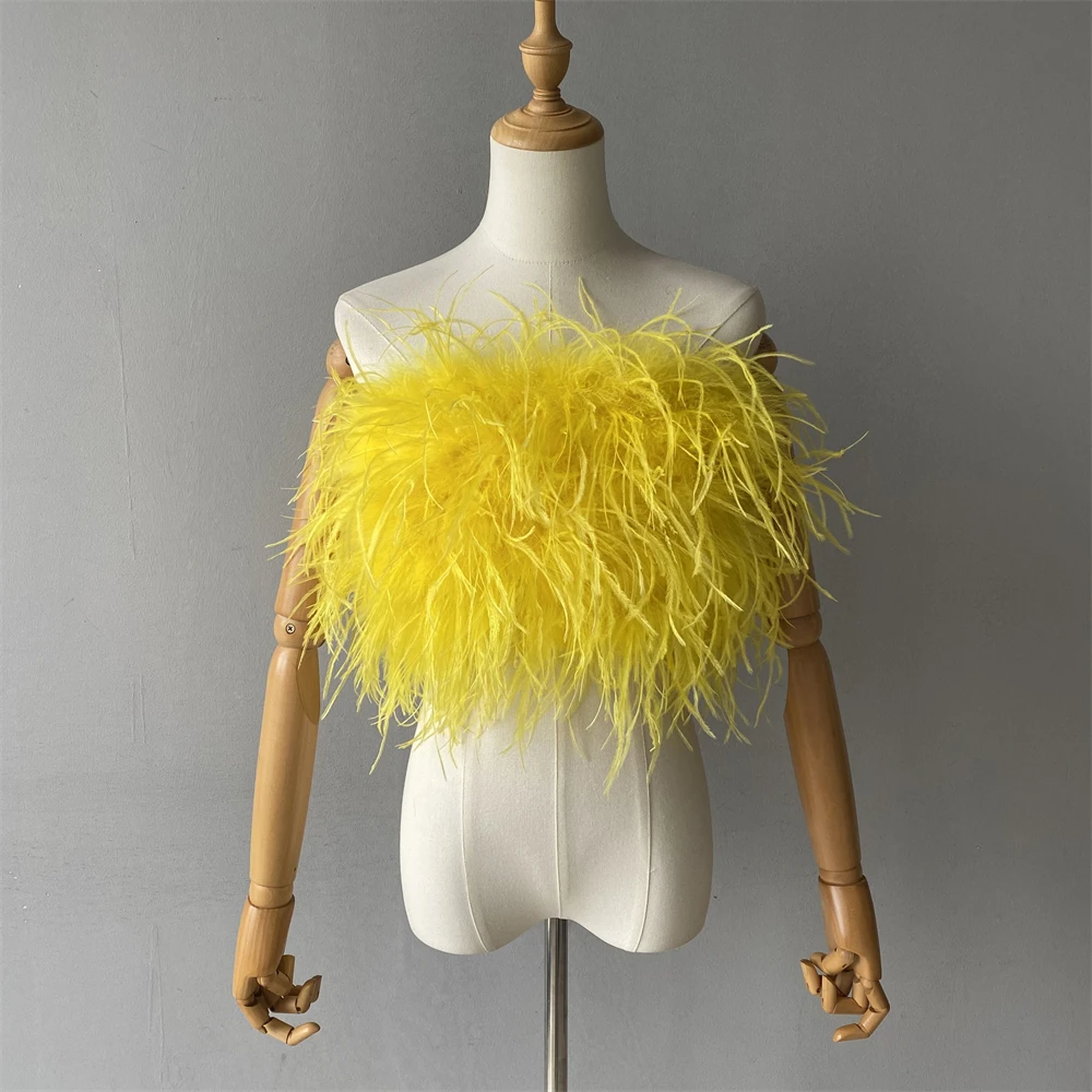 Jxwatcher Natural Ostrich Feather Top Bra Women's Summer Feather Tube Lady Wedding Long Hair Fluffy Underwear Evening Party Wear