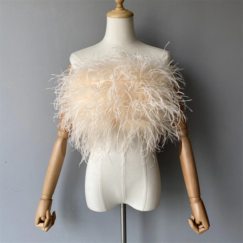 Jxwatcher Natural Ostrich Feather Top Bra Women's Summer Feather Tube Lady Wedding Long Hair Fluffy Underwear Evening Party Wear