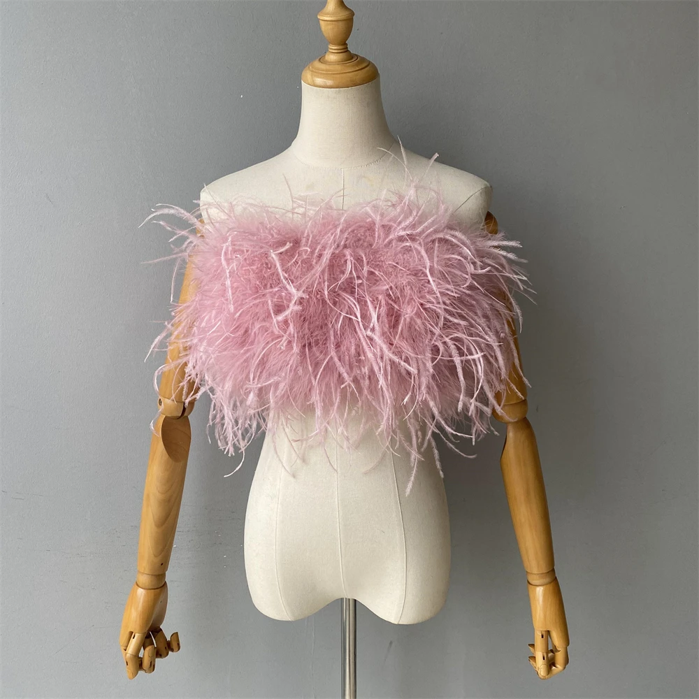 Jxwatcher Natural Ostrich Feather Top Bra Women's Summer Feather Tube Lady Wedding Long Hair Fluffy Underwear Evening Party Wear
