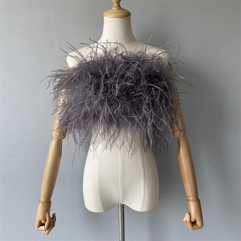 Jxwatcher Natural Ostrich Feather Top Bra Women's Summer Feather Tube Lady Wedding Long Hair Fluffy Underwear Evening Party Wear