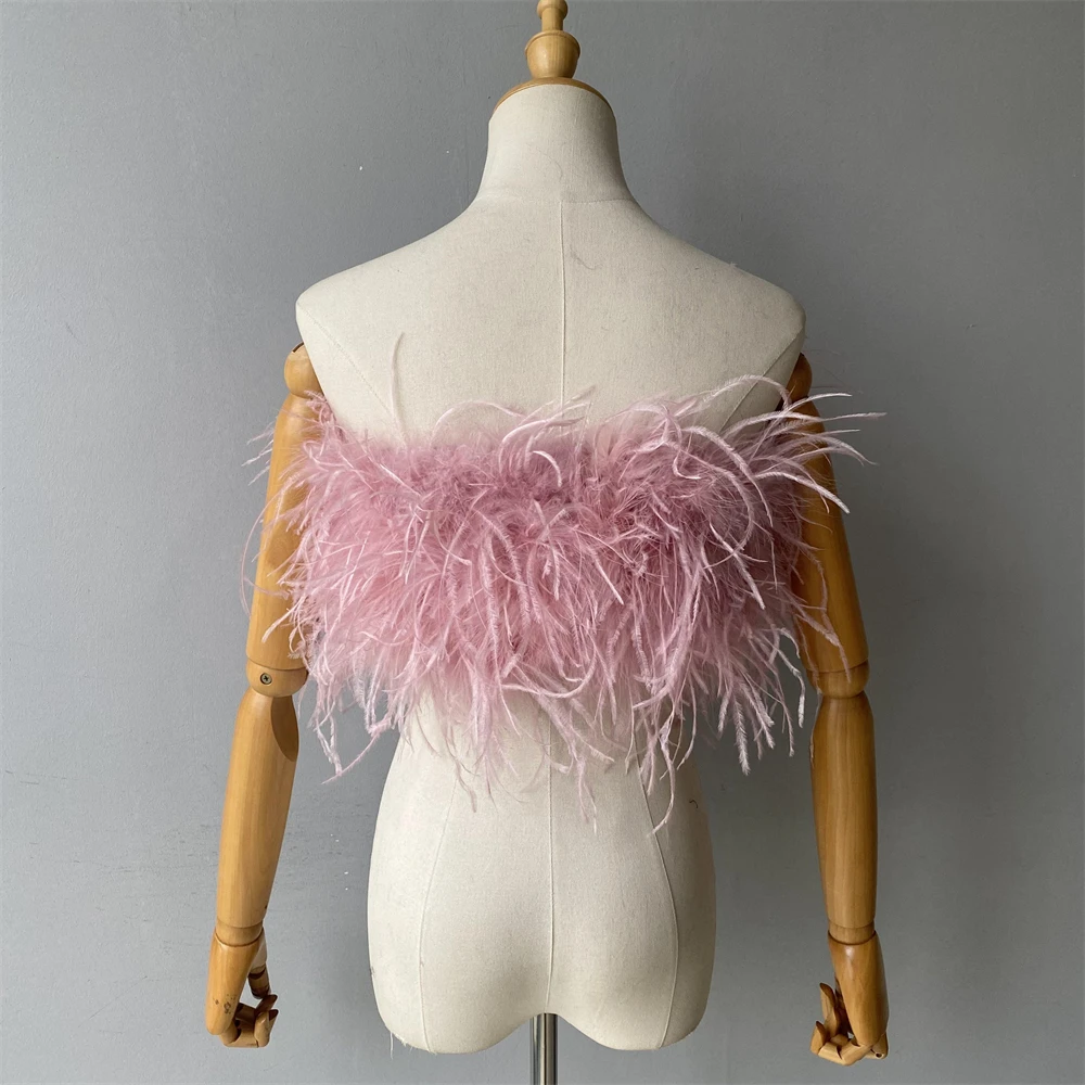 Jxwatcher Natural Ostrich Feather Top Bra Women's Summer Feather Tube Lady Wedding Long Hair Fluffy Underwear Evening Party Wear