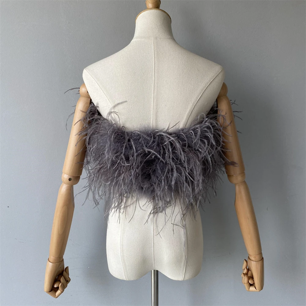 Jxwatcher Natural Ostrich Feather Top Bra Women's Summer Feather Tube Lady Wedding Long Hair Fluffy Underwear Evening Party Wear