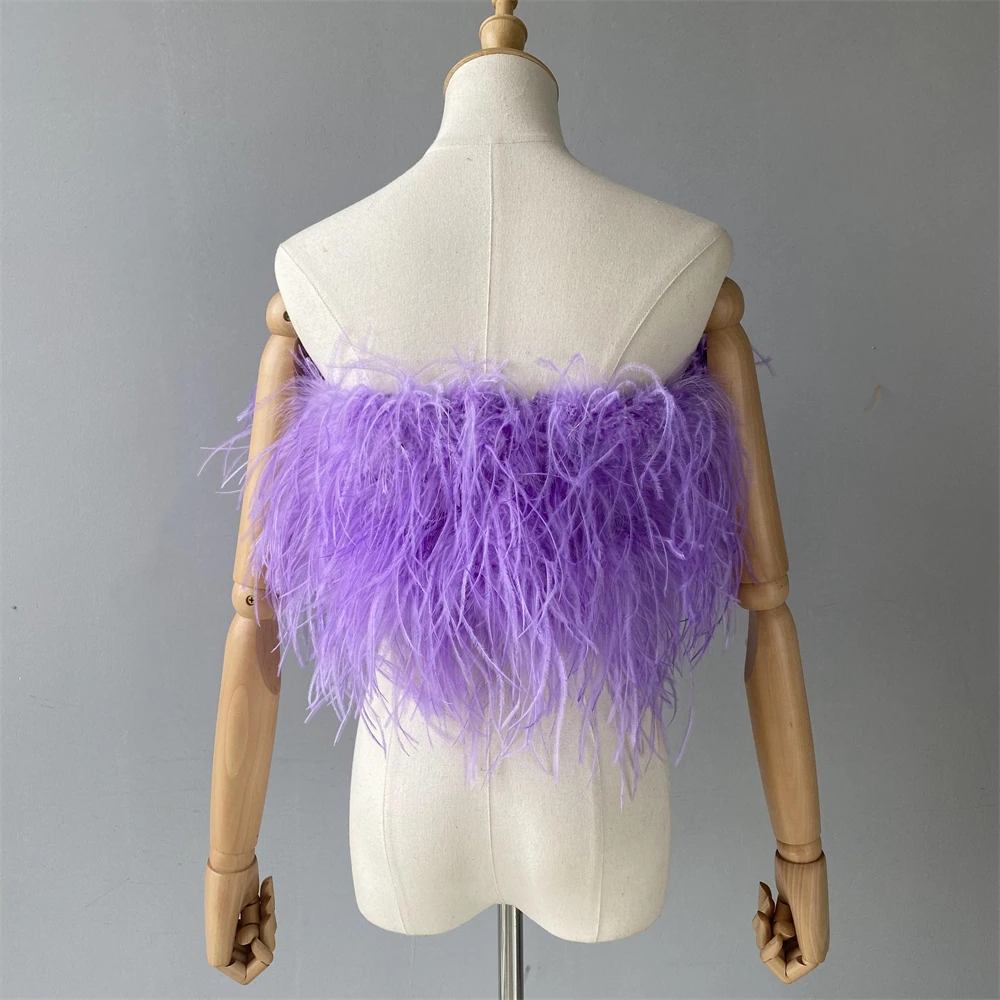 Jxwatcher Natural Ostrich Feather Top Bra Women's Summer Feather Tube Lady Wedding Long Hair Fluffy Underwear Evening Party Wear