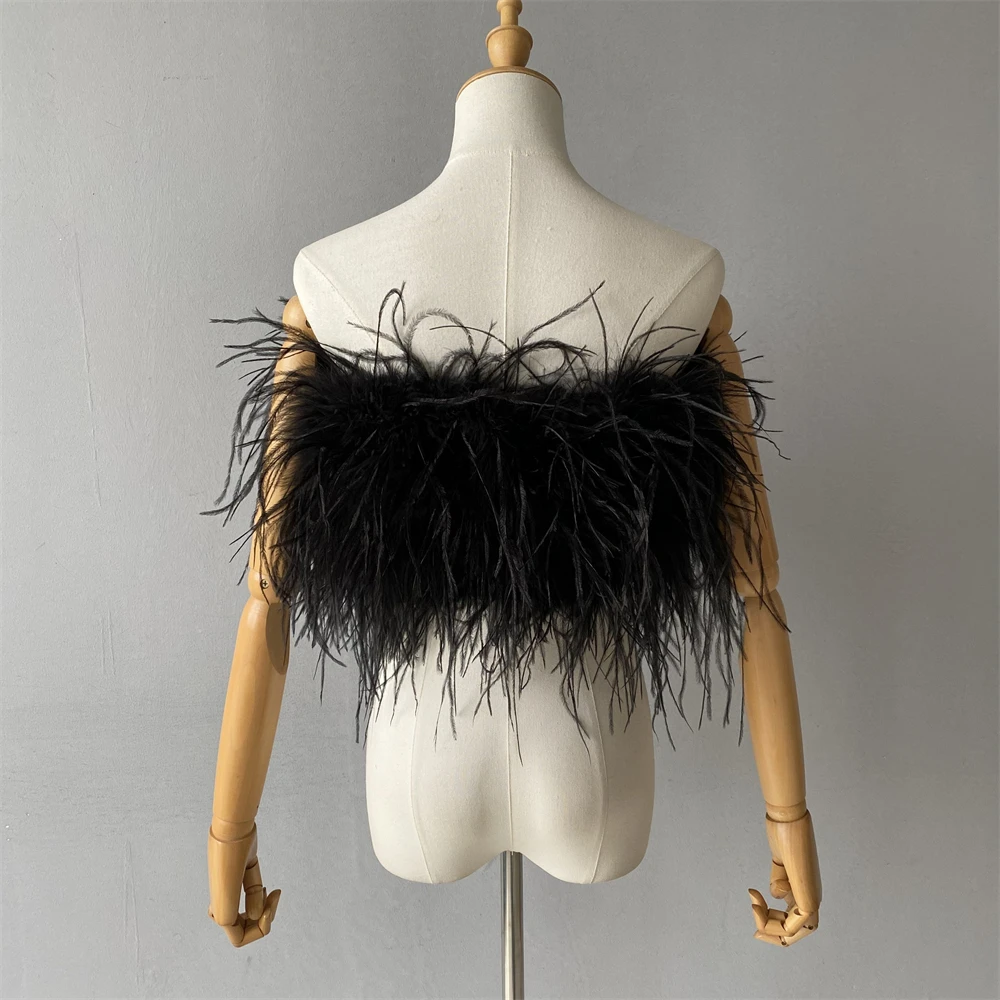 Jxwatcher Natural Ostrich Feather Top Bra Women's Summer Feather Tube Lady Wedding Long Hair Fluffy Underwear Evening Party Wear