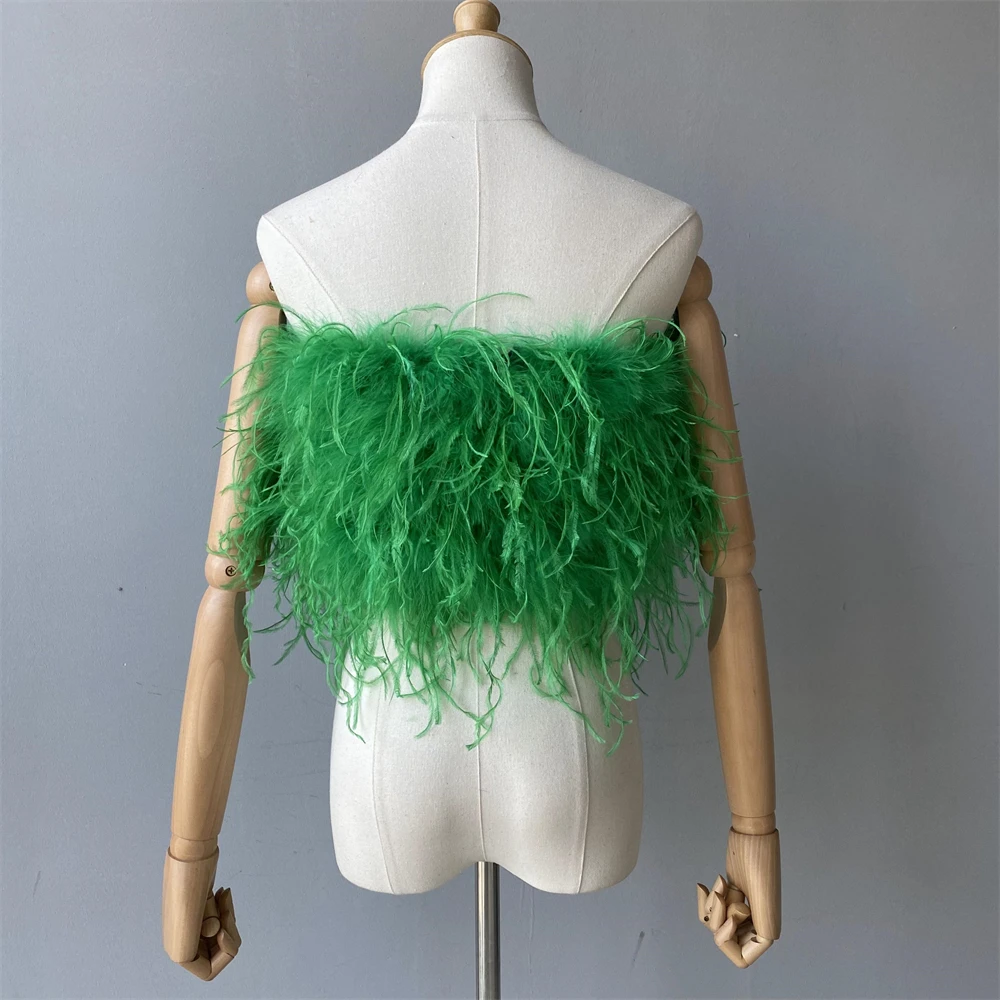 Jxwatcher Natural Ostrich Feather Top Bra Women's Summer Feather Tube Lady Wedding Long Hair Fluffy Underwear Evening Party Wear