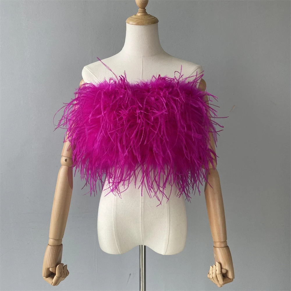 Jxwatcher Natural Ostrich Feather Top Bra Women's Summer Feather Tube Lady Wedding Long Hair Fluffy Underwear Evening Party Wear