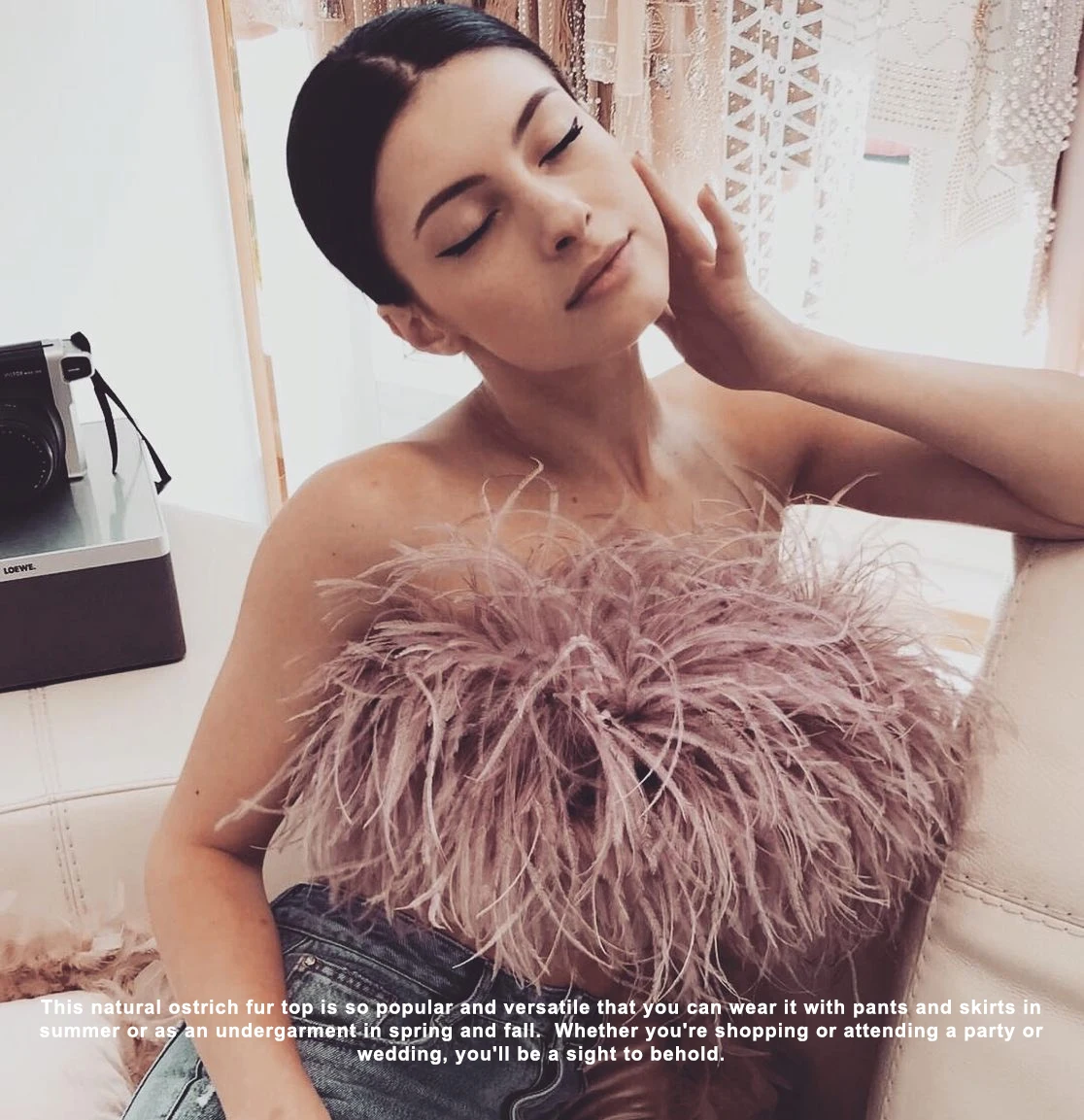 Jxwatcher Natural Ostrich Feather Top Bra Women's Summer Feather Tube Lady Wedding Long Hair Fluffy Underwear Evening Party Wear