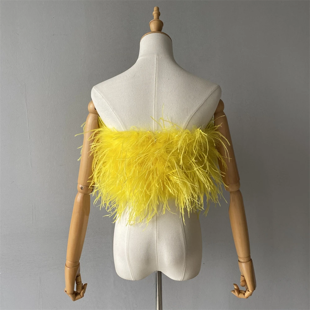 Jxwatcher Natural Ostrich Feather Top Bra Women's Summer Feather Tube Lady Wedding Long Hair Fluffy Underwear Evening Party Wear