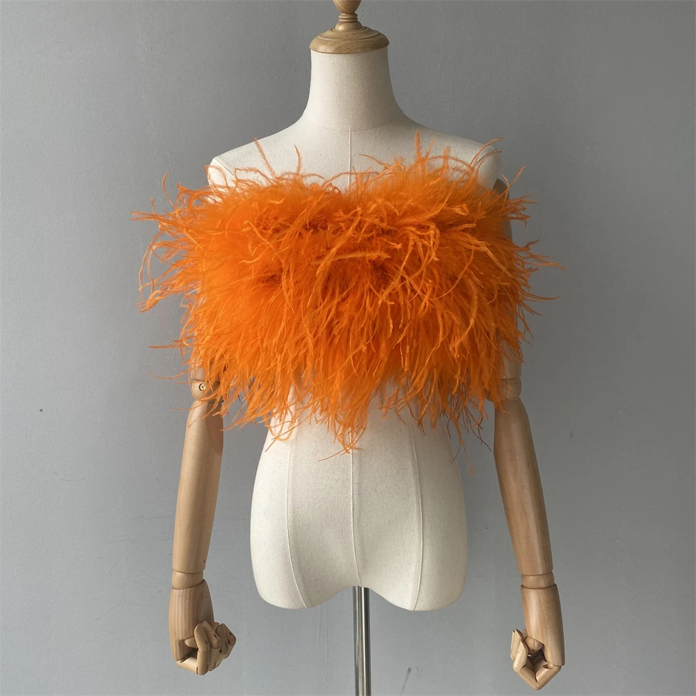 Jxwatcher Natural Ostrich Feather Top Bra Women's Summer Feather Tube Lady Wedding Long Hair Fluffy Underwear Evening Party Wear