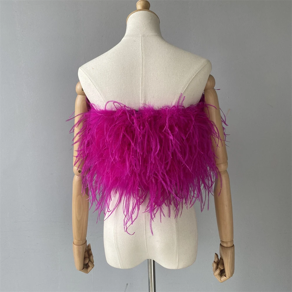 Jxwatcher Natural Ostrich Feather Top Bra Women's Summer Feather Tube Lady Wedding Long Hair Fluffy Underwear Evening Party Wear