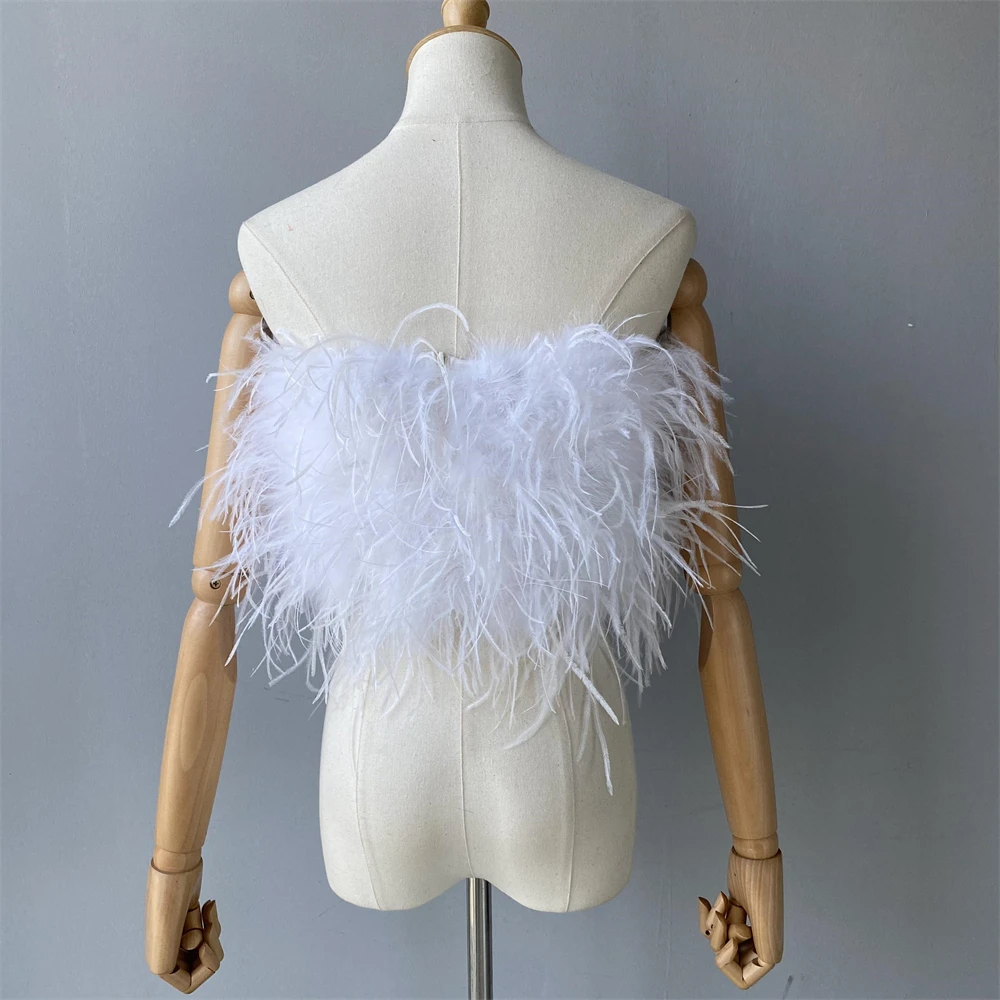 Jxwatcher Natural Ostrich Feather Top Bra Women's Summer Feather Tube Lady Wedding Long Hair Fluffy Underwear Evening Party Wear
