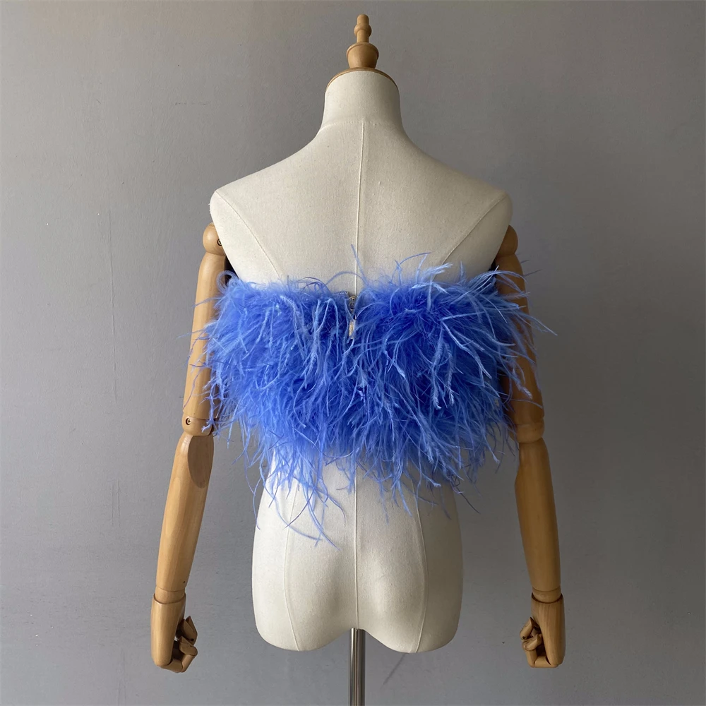 Jxwatcher Natural Ostrich Feather Top Bra Women's Summer Feather Tube Lady Wedding Long Hair Fluffy Underwear Evening Party Wear