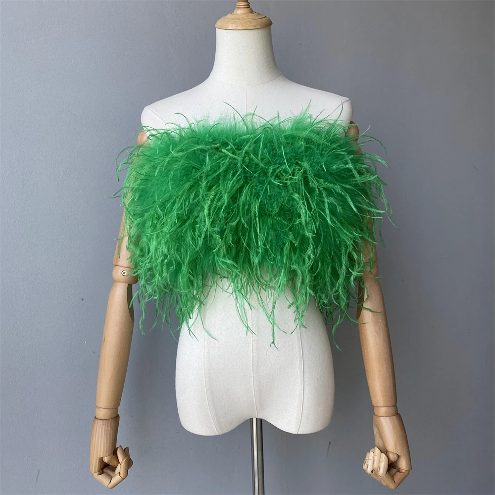 Jxwatcher Natural Ostrich Feather Top Bra Women's Summer Feather Tube Lady Wedding Long Hair Fluffy Underwear Evening Party Wear