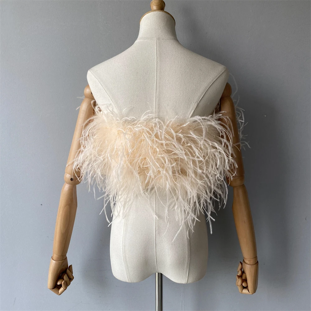 Jxwatcher Natural Ostrich Feather Top Bra Women's Summer Feather Tube Lady Wedding Long Hair Fluffy Underwear Evening Party Wear
