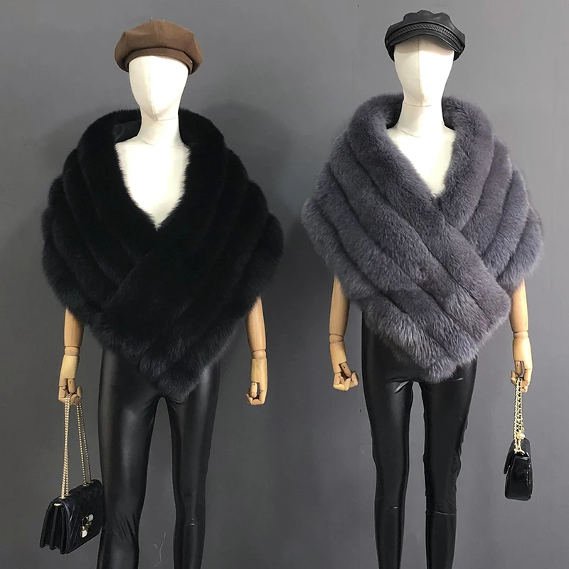 Woman Real Fox Fur Shawl Vest Jacket Fluffy Fur Cape Natural Fur Poncho Fur Lady Scarf Wrap Coat Shawl Wedding Party Clothing