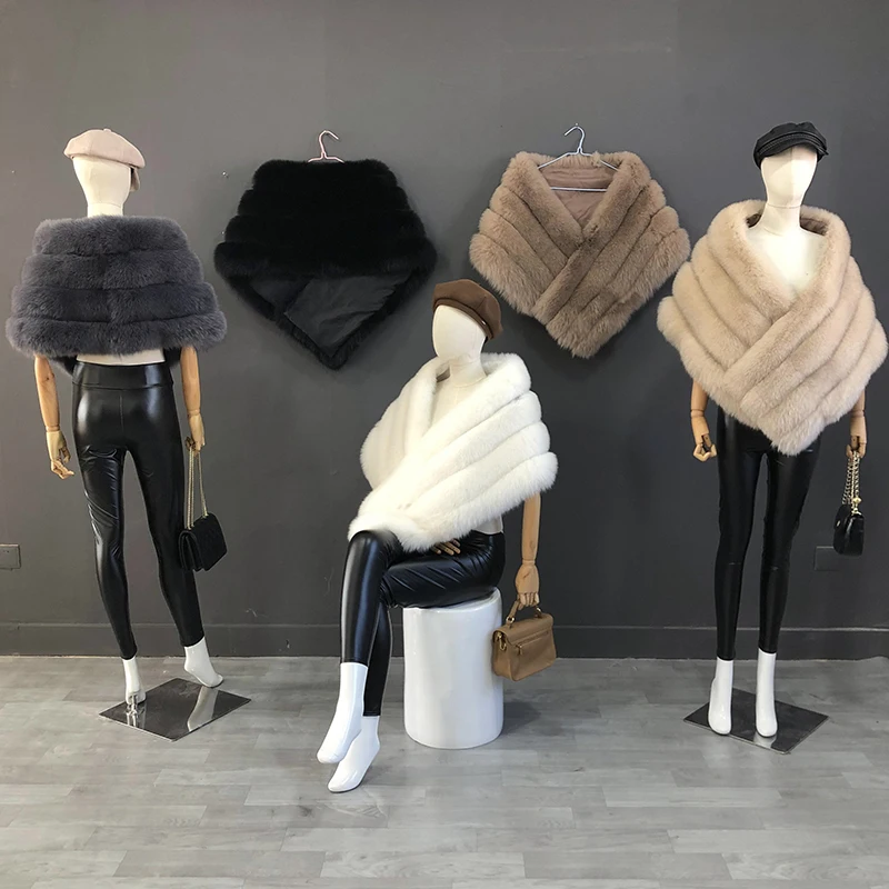 Woman Real Fox Fur Shawl Vest Jacket Fluffy Fur Cape Natural Fur Poncho Fur Lady Scarf Wrap Coat Shawl Wedding Party Clothing