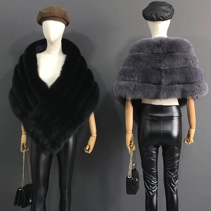 Woman Real Fox Fur Shawl Vest Jacket Fluffy Fur Cape Natural Fur Poncho Fur Lady Scarf Wrap Coat Shawl Wedding Party Clothing