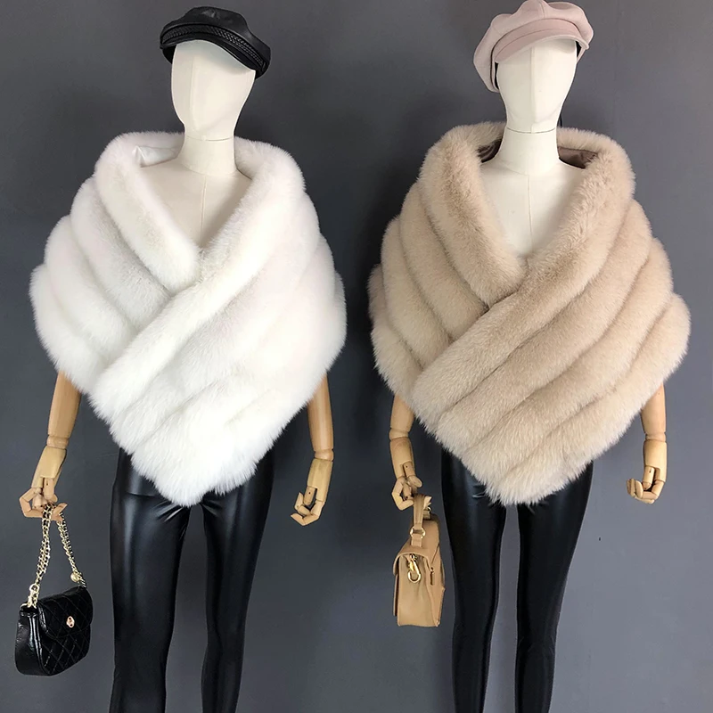 Woman Real Fox Fur Shawl Vest Jacket Fluffy Fur Cape Natural Fur Poncho Fur Lady Scarf Wrap Coat Shawl Wedding Party Clothing