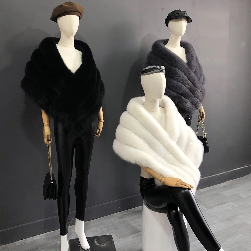 Woman Real Fox Fur Shawl Vest Jacket Fluffy Fur Cape Natural Fur Poncho Fur Lady Scarf Wrap Coat Shawl Wedding Party Clothing