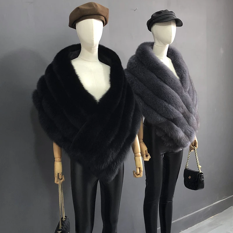 Woman Real Fox Fur Shawl Vest Jacket Fluffy Fur Cape Natural Fur Poncho Fur Lady Scarf Wrap Coat Shawl Wedding Party Clothing