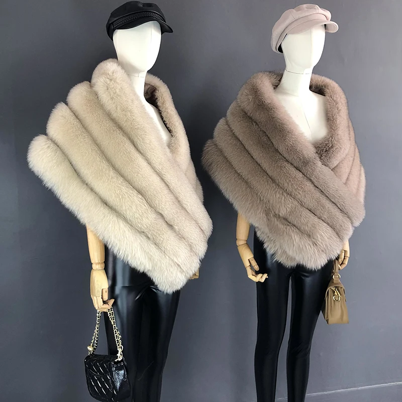 Woman Real Fox Fur Shawl Vest Jacket Fluffy Fur Cape Natural Fur Poncho Fur Lady Scarf Wrap Coat Shawl Wedding Party Clothing