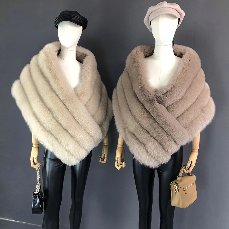 Woman Real Fox Fur Shawl Vest Jacket Fluffy Fur Cape Natural Fur Poncho Fur Lady Scarf Wrap Coat Shawl Wedding Party Clothing