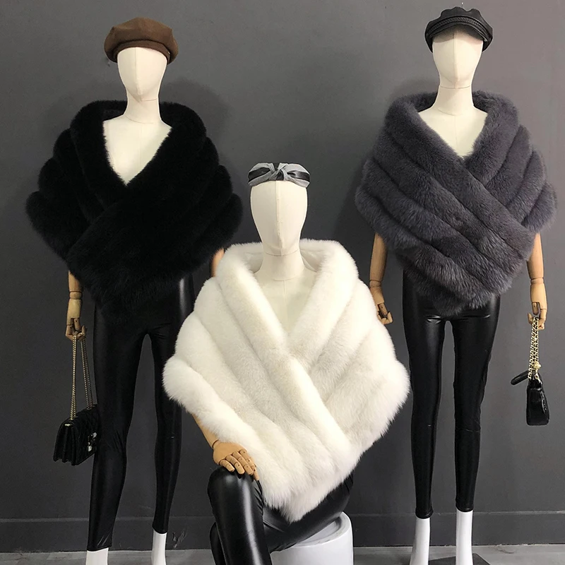 Woman Real Fox Fur Shawl Vest Jacket Fluffy Fur Cape Natural Fur Poncho Fur Lady Scarf Wrap Coat Shawl Wedding Party Clothing
