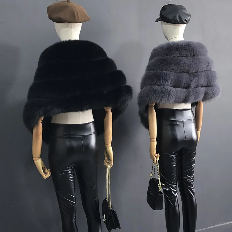 Woman Real Fox Fur Shawl Vest Jacket Fluffy Fur Cape Natural Fur Poncho Fur Lady Scarf Wrap Coat Shawl Wedding Party Clothing