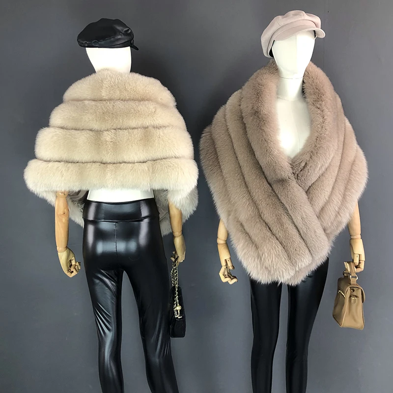 Woman Real Fox Fur Shawl Vest Jacket Fluffy Fur Cape Natural Fur Poncho Fur Lady Scarf Wrap Coat Shawl Wedding Party Clothing