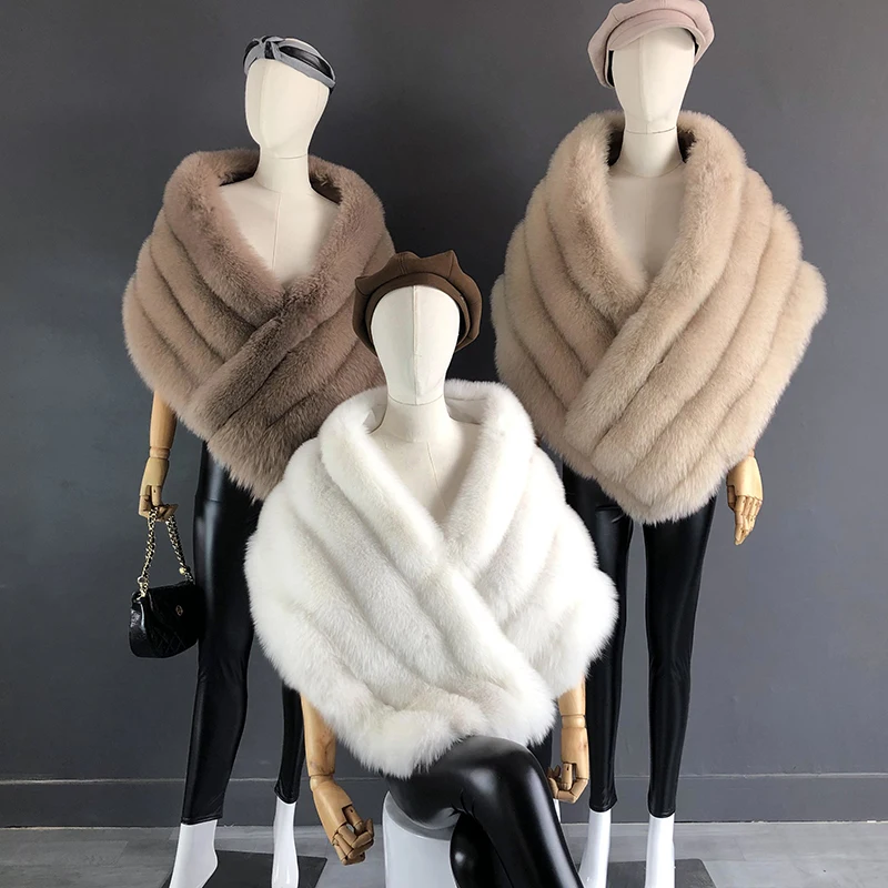 Woman Real Fox Fur Shawl Vest Jacket Fluffy Fur Cape Natural Fur Poncho Fur Lady Scarf Wrap Coat Shawl Wedding Party Clothing