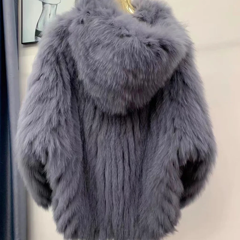 Real Fox Fur Woven Hooded Jacket for Women, Made of High-Quality Fox Fur, Thick Jacket, Warm Clothes with Lining Inside
