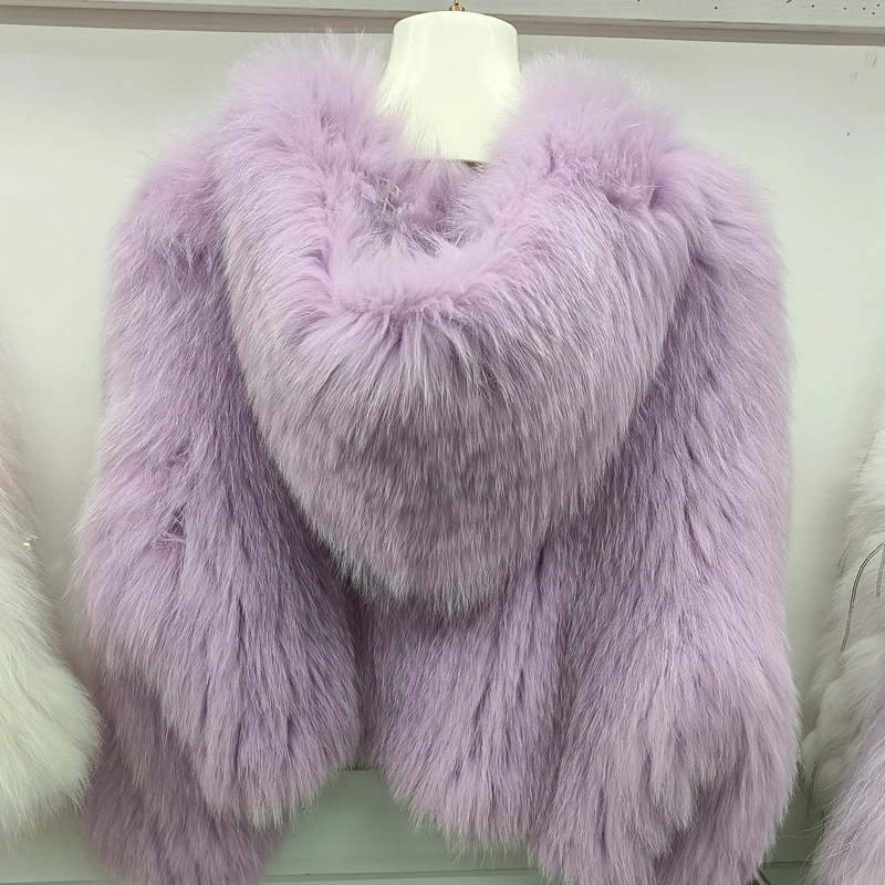 Real Fox Fur Woven Hooded Jacket for Women, Made of High-Quality Fox Fur, Thick Jacket, Warm Clothes with Lining Inside