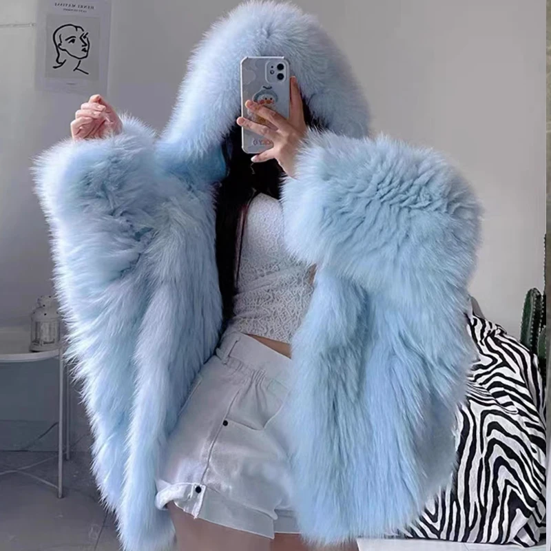 Real Fox Fur Woven Hooded Jacket for Women, Made of High-Quality Fox Fur, Thick Jacket, Warm Clothes with Lining Inside