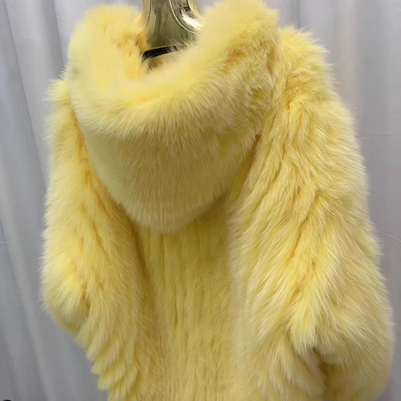 Real Fox Fur Woven Hooded Jacket for Women, Made of High-Quality Fox Fur, Thick Jacket, Warm Clothes with Lining Inside