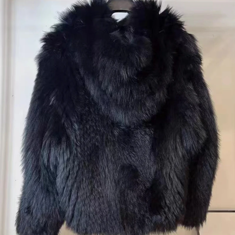 Real Fox Fur Woven Hooded Jacket for Women, Made of High-Quality Fox Fur, Thick Jacket, Warm Clothes with Lining Inside