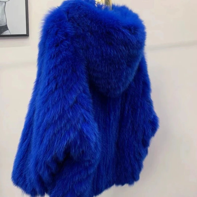 Real Fox Fur Woven Hooded Jacket for Women, Made of High-Quality Fox Fur, Thick Jacket, Warm Clothes with Lining Inside