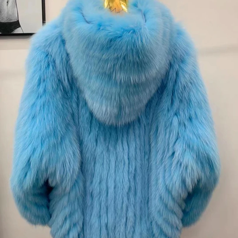 Real Fox Fur Woven Hooded Jacket for Women, Made of High-Quality Fox Fur, Thick Jacket, Warm Clothes with Lining Inside