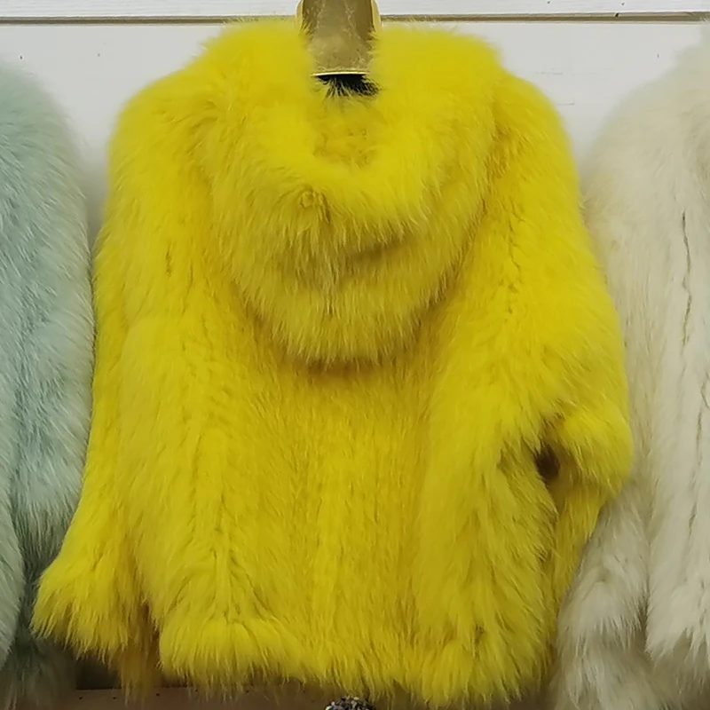Real Fox Fur Woven Hooded Jacket for Women, Made of High-Quality Fox Fur, Thick Jacket, Warm Clothes with Lining Inside