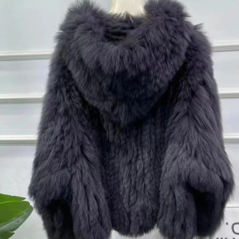 Real Fox Fur Woven Hooded Jacket for Women, Made of High-Quality Fox Fur, Thick Jacket, Warm Clothes with Lining Inside