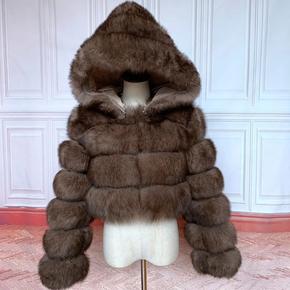NEW 100%Winter Women Real Fox Fur Coat Thick Warm High Quality Full Sleeves New Natural Fur Fashion Hooded Short Jacket