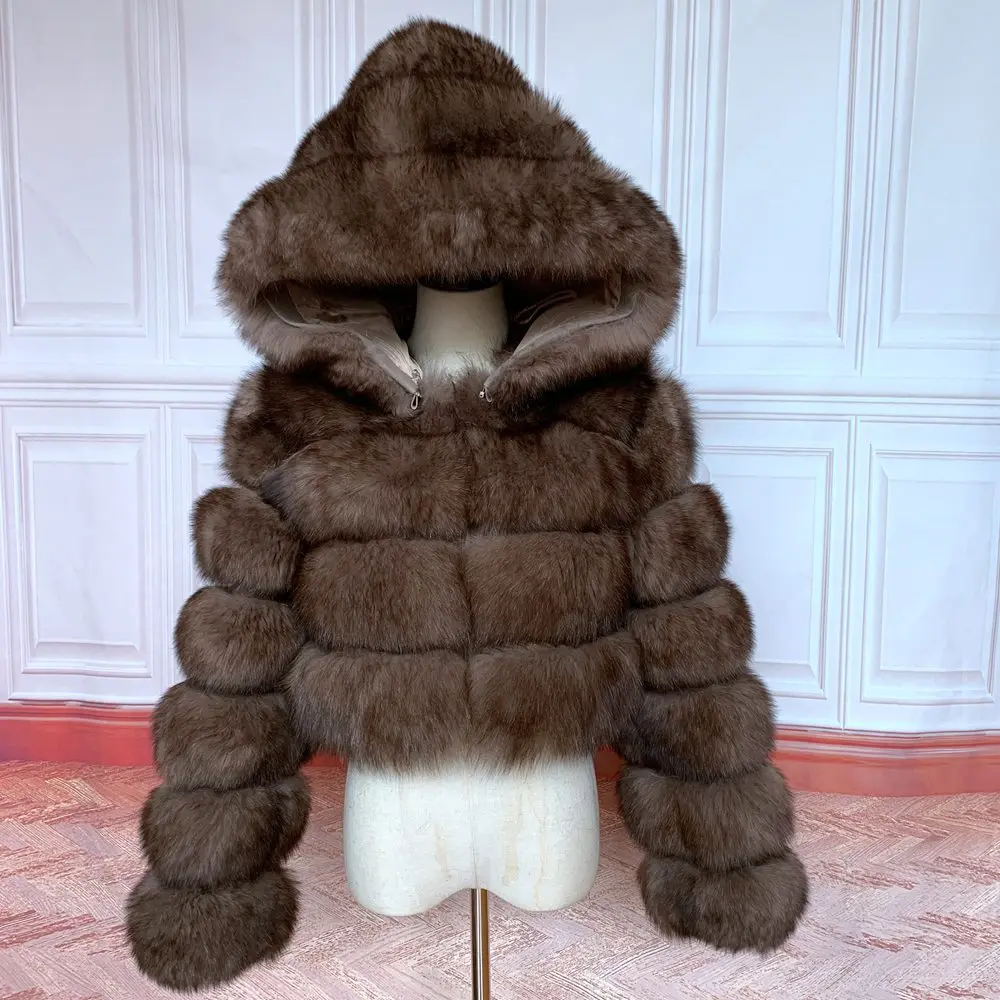 NEW 100%Winter Women Real Fox Fur Coat Thick Warm High Quality Full Sleeves New Natural Fur Fashion Hooded Short Jacket