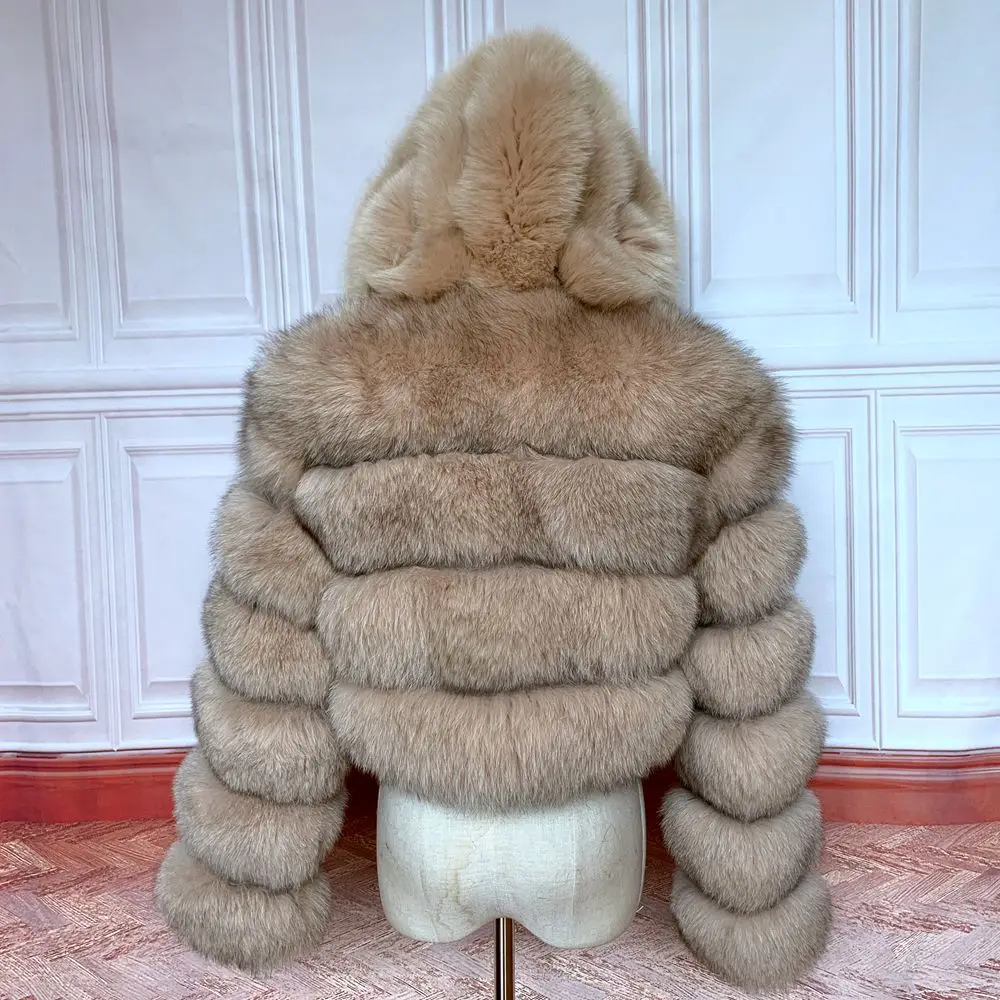 NEW 100%Winter Women Real Fox Fur Coat Thick Warm High Quality Full Sleeves New Natural Fur Fashion Hooded Short Jacket