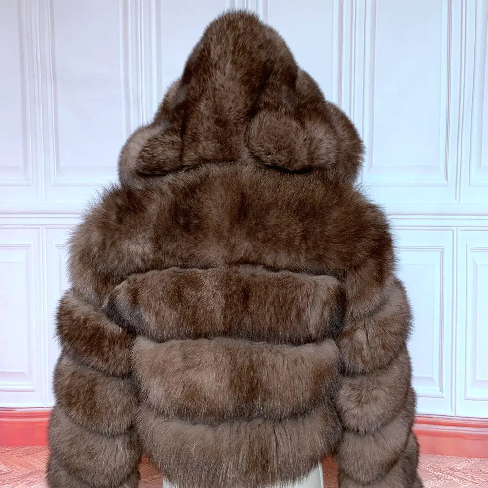 NEW 100%Winter Women Real Fox Fur Coat Thick Warm High Quality Full Sleeves New Natural Fur Fashion Hooded Short Jacket